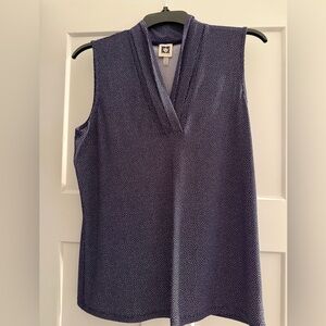 Anne Klein Sleeveless V-Neck Blouse - Navy and White Dots